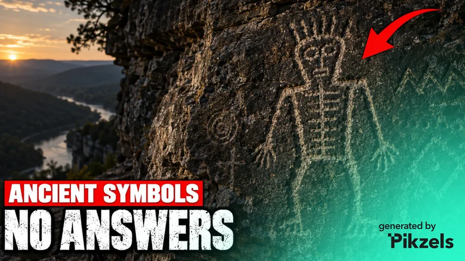 Carved symbols on a rock with a red arrow and a short discovery-themed headline.