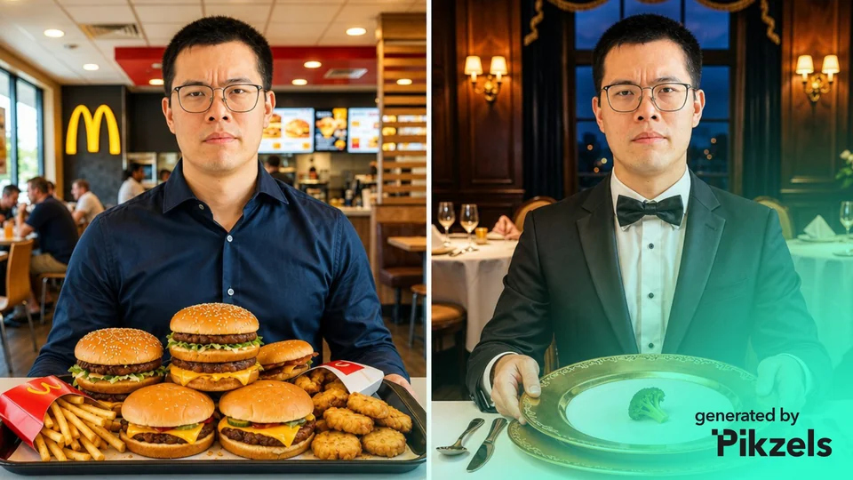 Side-by-side food scenes with a casual burger setting and a formal dining setting.