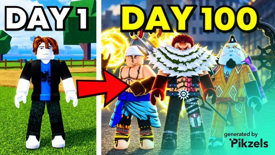 Split gaming thumbnail with a simple day-one character and a more elaborate day-100 scene.