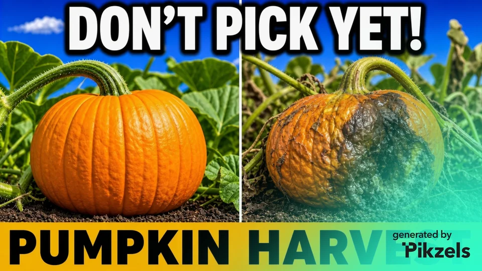Bright pumpkin beside a damaged pumpkin, with large high-contrast lettering.