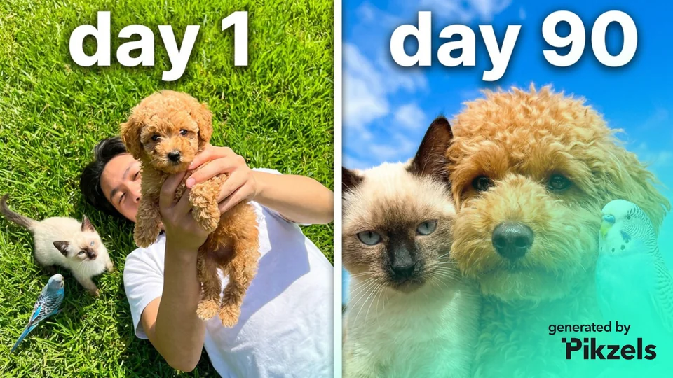 Side-by-side puppy thumbnail labelled day 1 and day 90, with a Pikzels mark.